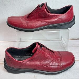 Ecco Dark Barn Red Leather Slip-On Loafer Shoes with Zipper Black Rubber Sole
